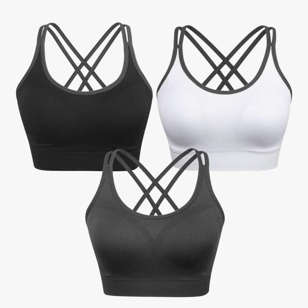 Set of 3 Cross Back Strappy Sport Bras in Black, Gray, & White